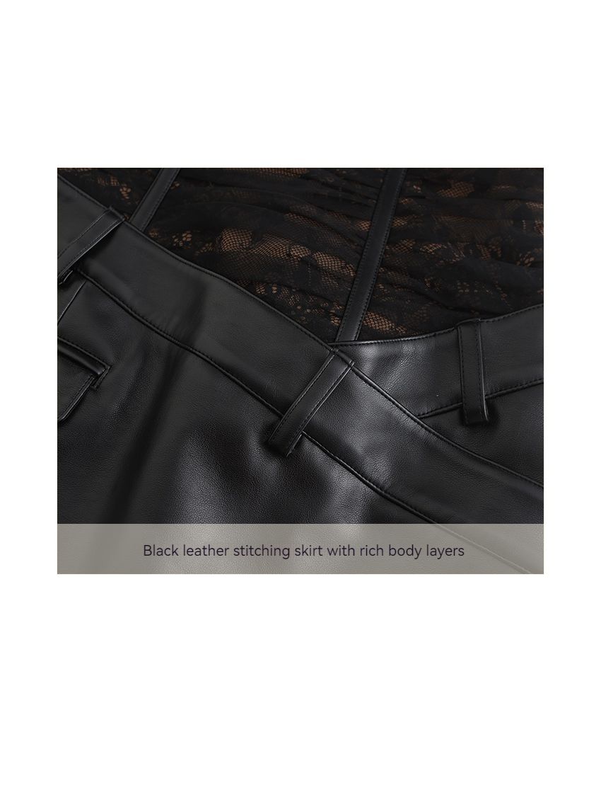 Lace mesh pleated leather dress